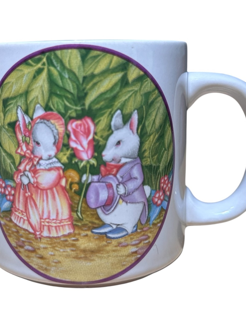 Vintage Bunny Couple Ceramic Mug with Floral Scene — Pink & Purple